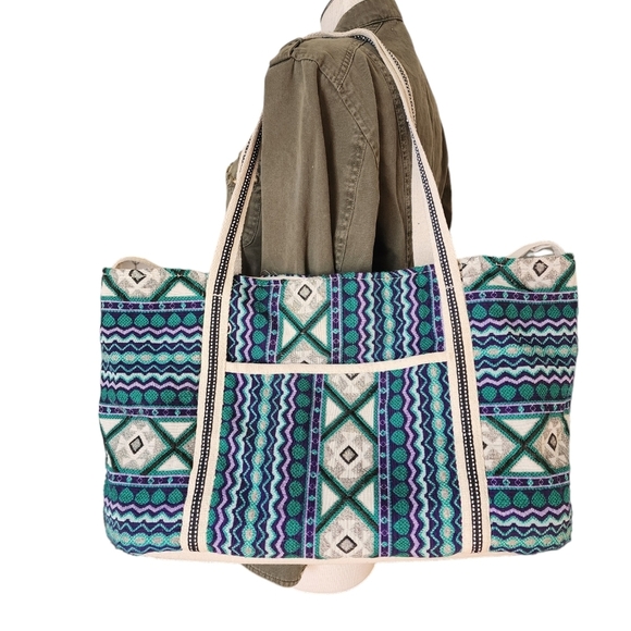 No Boundaries Handbags - Teal & Lavender Cream Tribal Woven & Embroidered Weekend Travel Bag